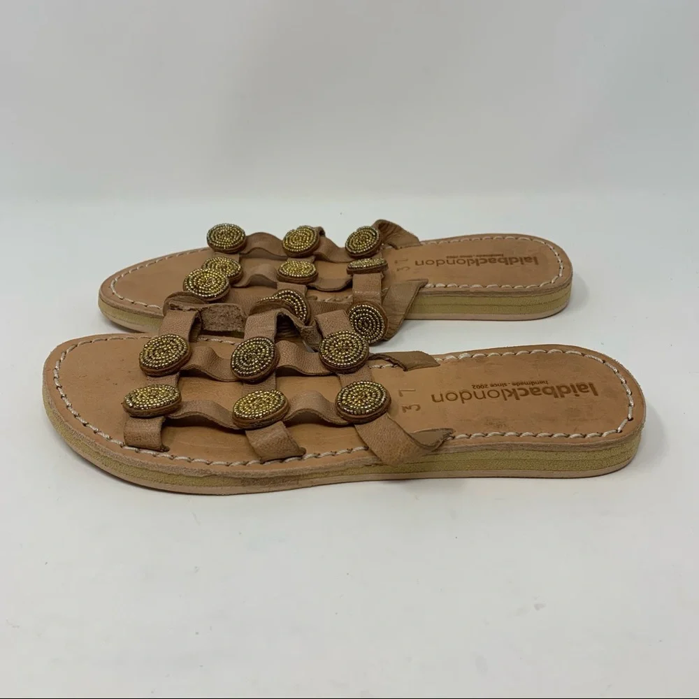 Anthropologie Laid Back London Handmade Leather Beaded Tan Gold Sandal Size 6